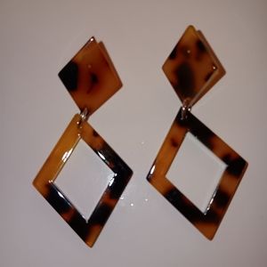 Earrings Dangle Diamond Doubles Tortoise Shell Plastic Pierced Hanging Beautiful